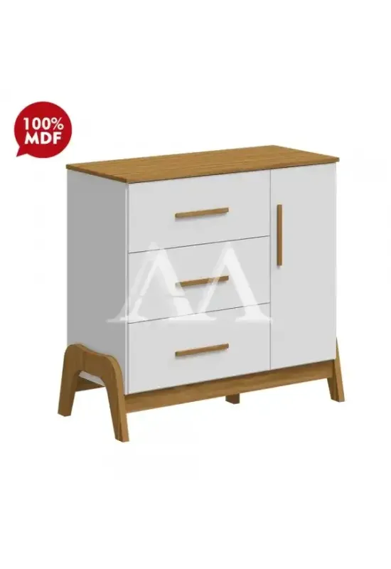 COMODA 3G 1P. ABRIR PEROBA GUTI RETRO BRANCO BRILHO/AMENDOA