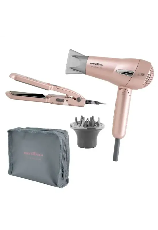 SECADOR E PRANCHA BRITANIA KIT TRAVEL ROSE GOLD BIVOLT