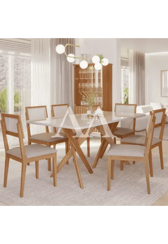CJ MESA 6C CIMOL CACAU 180x90 C/VDO CAD. ENCANTO MADEIRA/OFFWHITE/LINHO BEGE