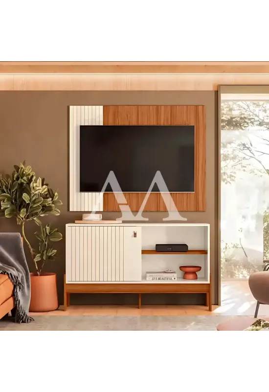 COMBO RACK PAINEL MOBLER 1.2 WOOD PEROLA METALIZADO/CINAMOMO MEL