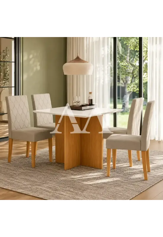 CJ MESA 4C POLIMAN HELO QUADRADA 90X90 C/VIDRO CAD JADE FREIJO/OFF WHITE