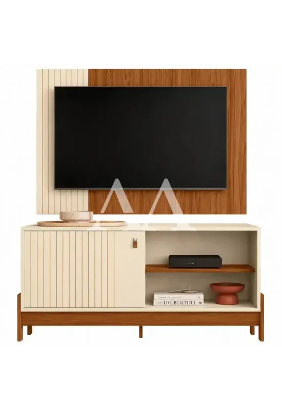 COMBO RACK PAINEL MOBLER 1.2 WOOD PEROLA METALIZADO/CINAMOMO MEL