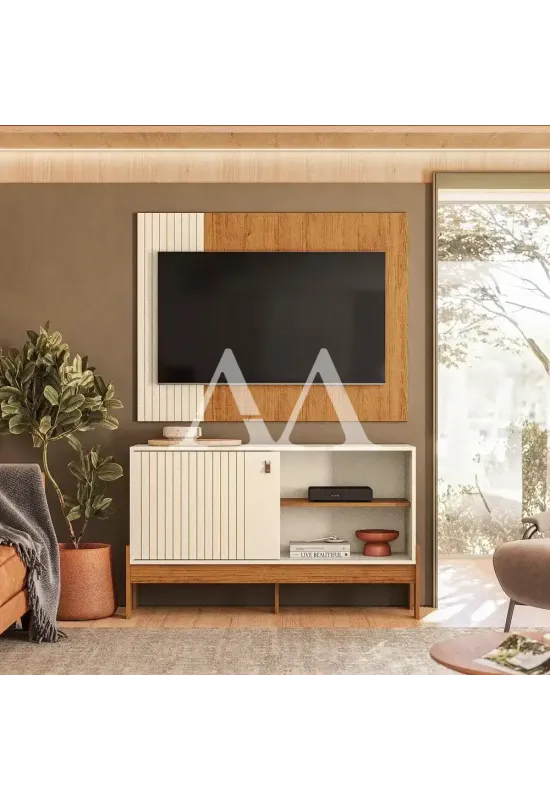 COMBO RACK PAINEL MOBLER 1.2 WOOD PEROLA METALIZADO/CANELA