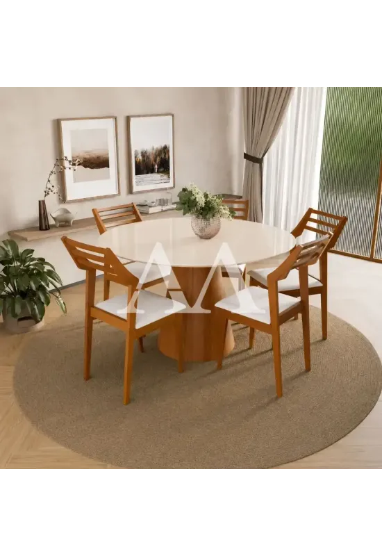 CJ MESA 6C AGN PARIS REDONDA 130CM C/VIDRO CAD VITORIA MADEIRA/OFF WHITE