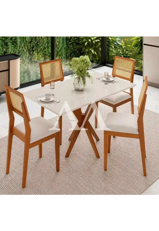CJ MESA 4C AGN ANNA RETANGULAR 116X80 C/VIDRO CAD LARISSA MADEIRA/OFF WHITE