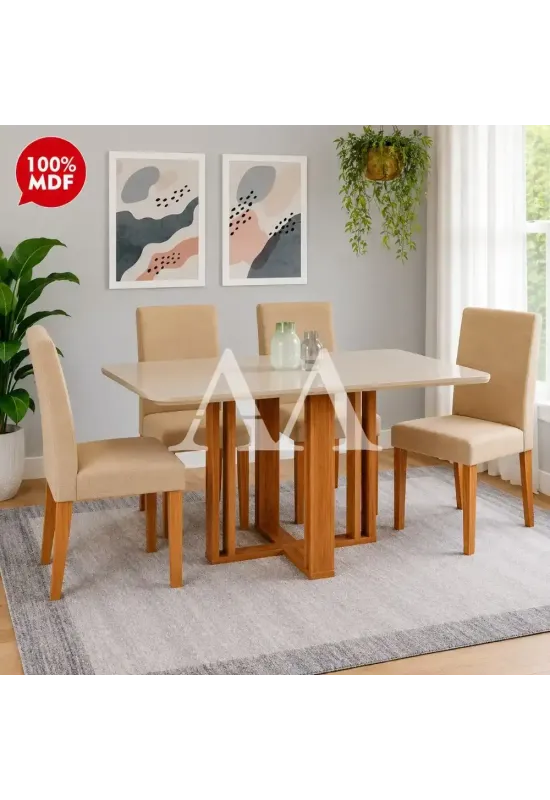 CJ MESA 4C CIMOL FLORA C/VIDRO RETANGULAR 130X80 MAIA CINAMOMO/OFF WHITE/GENGIBRE